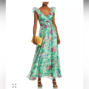 Aqua Floral Chiffon V-Neck Maxi Dress
